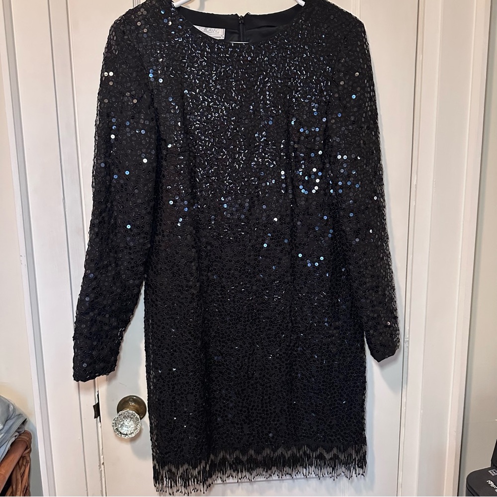 Simon Chang Black Sequin Long Sleeve Dress, Beaded Fringe, Festive, Holiday
